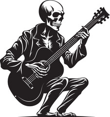 Bone Strings Symphony: Skeleton Playing Guitar Logo Design Undead Jam Session: Skeleton Vector Black Logo Icon