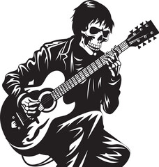 Undead Jam Session: Skeleton Vector Black Logo Icon Macabre Musician: Skeleton Playing Guitar Logo Icon Design