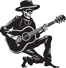Melodic Skeleton: Guitar-Playing Vector Black Logo Spooky Serenade: Skeleton with Guitar Logo Icon