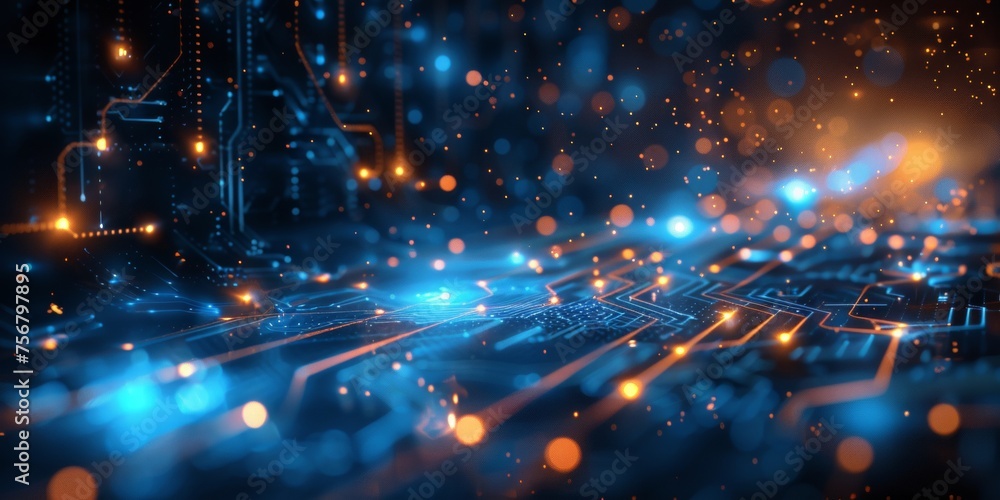 Poster a computer chip is shown in a blue and orange color scheme - stock background.