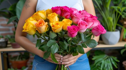 Close up of woman s hands holding vibrant bouquet of colorful roses, beautiful floral arrangement