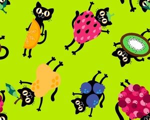 Cartoon summer animals and fruit seamless cats and strawberry and lemon and pears and kiwi pattern