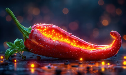 glowing red chili pepper with water droplets on dark background