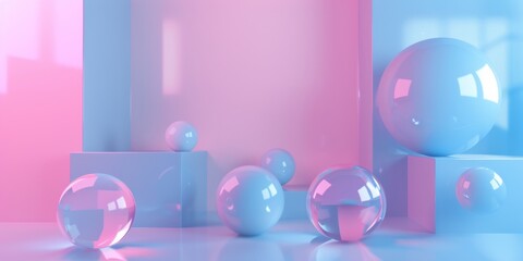 A blue and pink background with a bunch of clear spheres - stock background.