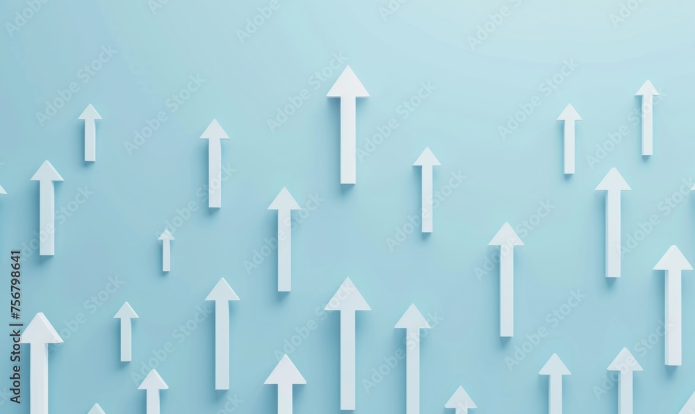 Poster blue arrow pointing upwards on light blue background with many smaller arrows behind it represent gr
