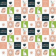 Seamless pattern with cartoon Easter elements in squares. Modern flat cute background. Vector illustration