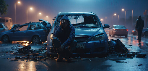 A shaken person involved in a car accident sits at the scene of the accident and is distraught