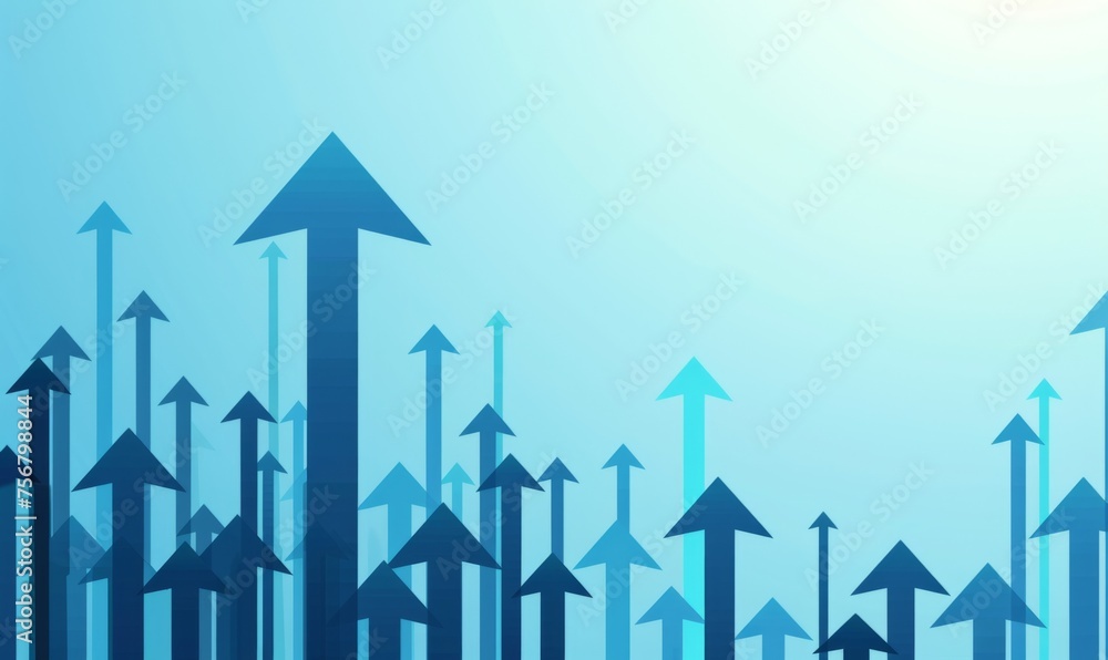 Poster blue arrow pointing upwards on light blue background with many smaller arrows behind it represent gr