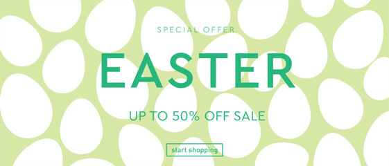 Trendy Easter Design for Advertising, Web, Social Media, Poster, Banner, Cover. Modern Vector Illustration with White Eggs. Sale Offer 50%. 3d Geometric Background Art 90s.