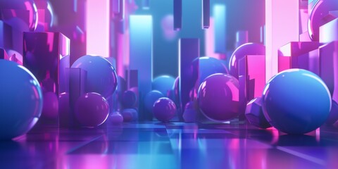 A cityscape with many blue and purple spheres - stock background.