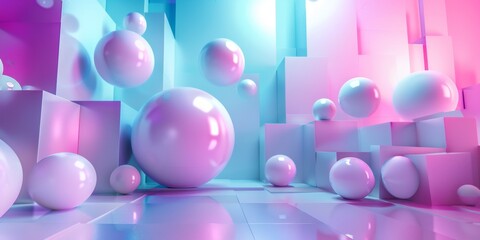 A room full of white spheres and pink cubes - stock background.