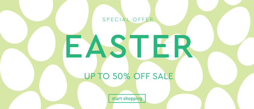 Trendy Easter Design for Advertising, Web, Social Media, Poster, Banner, Cover. Modern Vector Illustration with White Eggs. Sale Offer 50%. 3d Geometric Background Art 90s.