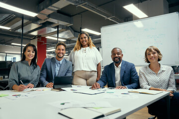 Group of multiracial adults smiling and looking at camera during business meeting in office - 756799029