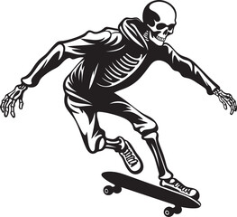 Skeletal Shred: Skateboard Skeleton Black Logo Design Bone Rider: Skeleton on Skateboard Vector Icon
