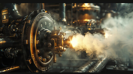 Close-up of an industrial machine part emitting steam with golden-hued lighting, conveying a powerful manufacturing process.