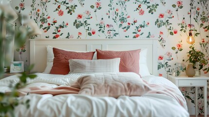Scandinavian interior design of modern bedroom with floral patterns wall.