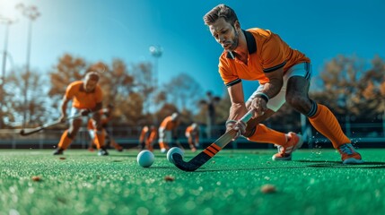 Close up of field hockey player showcasing speed and skill while dribbling ball on the field