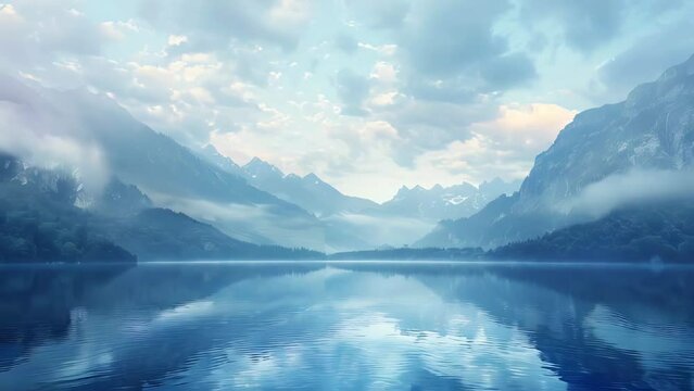 Beautiful alpine landscape with lake and mountains reflected in water.