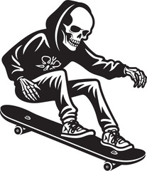 Skeletal Shred: Black Logo Icon with Skateboarding Skeleton Bone Thrasher: Skeleton on Skateboard Black Logo