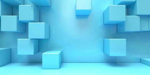 A blue room with many blue cubes - stock background.