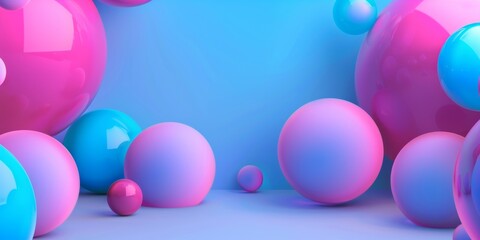 A blue and pink background with many different colored spheres - stock background.