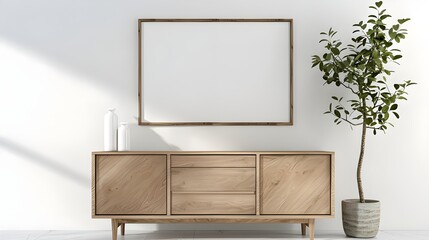 home interior design of modern living room. Wooden cabinet, dresser against concrete wall with empty blank mock up poster frame with copy space.