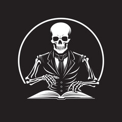 SkeletoReader: Skeleton Reading Book Black Logo Icon Skull and Scrolls: Skeleton with Book Black Logo Design