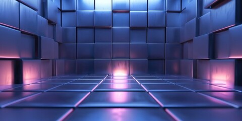 A blue room with a lot of cubes and a light shining on the floor - stock background.