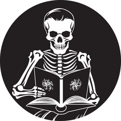 Macabre Manuscripts: Skeleton Reading Book Vector Design Literary Bones: Skeleton Reading a Book Black Logo Icon