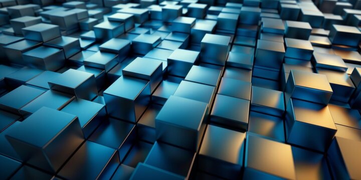 A blue and silver image of a wall made of cubes - stock background.
