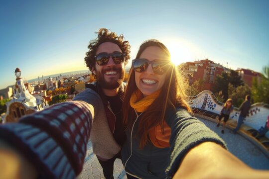 Travel couple happy making selfie portrait with smartphone in Park Guell, Barcelona, Spain. content.