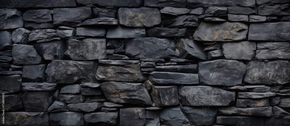 Aufkleber a detailed view of a grey bedrock stone wall featuring intricate brickwork patterns. the rectangular