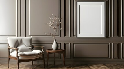An empty frame mockup with a grid pattern border, adds a touch of elegance to a classic interior with warm gray wooden walls.