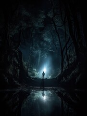 cinematic scene of a scary forest in the night. horror image with dark silhouette.  - obrazy, fototapety, plakaty