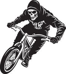 Spooky Shred: Skeleton on BMX Cycle Black Logo Design SkeletoBike: Skeleton BMX Cyclist Black Icon