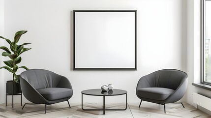 Empty frame mockup, armchairs and coffee table next to the window, indoor plants, white wall background. Minimalist living room interior.