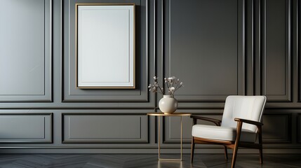 Interior of living room with armchair, Mockup frame on cabinet in living room interior on empty dark wood wall background.