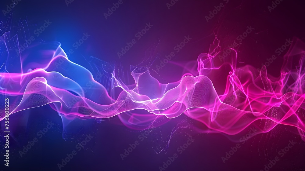 Wall mural Sound wave. Neon light abstract background with ultraviolet spectrum wave on dark background. Synthwave music equalizer danced to the rhythm. Music and energy in abstract background.