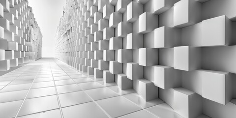 A white room with a wall of white cubes - stock background.