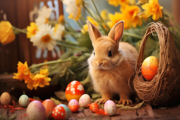 Easter Bunny Amidst Spring Flowers with Colorful Eggs - Powered by Adobe