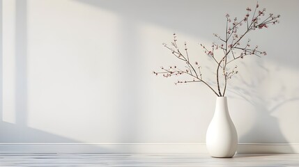 Blossom branch in ceramic vase near beige stucco wall background. Elegant spring blossom in white vase soft light and vintage design.