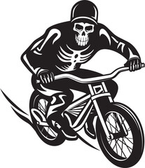 Ollie Ossuary: Skeleton Riding BMX Cycle Black Logo Icon SkeletoBike: Skeleton on BMX Vector Black Logo Design