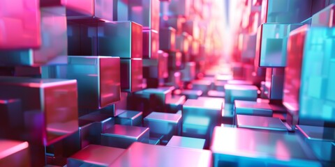 A series of cubes in a room with a blue and red color scheme - stock background. - obrazy, fototapety, plakaty