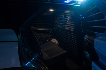Inside the police car, the interior of the car. stock photo