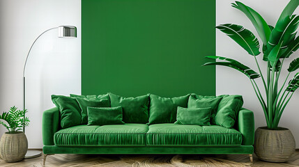 Modern Living Room with Comfortable Sofa, Stylish Decor, and Green Plant Accents