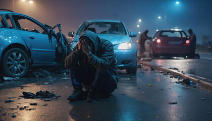 A shaken person involved in a car accident sits at the scene of the accident and is distraught - obrazy, fototapety, plakaty