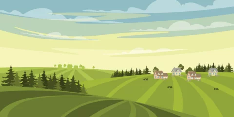 Wandcirkels aluminium Vector illustration of beautiful sunny farm fields. Cartoon scene of rural daytime summer landscape with hills, gentle slopes, small houses, Christmas trees,green trees, bushes, sky with clouds. © MVshop