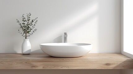 Wall-mounted vanity with white ceramic vessel sink. Interior design of modern scandinavian bathroom. 