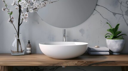Wall-mounted vanity with white ceramic vessel sink. Interior design of modern scandinavian bathroom.  - Powered by Adobe
