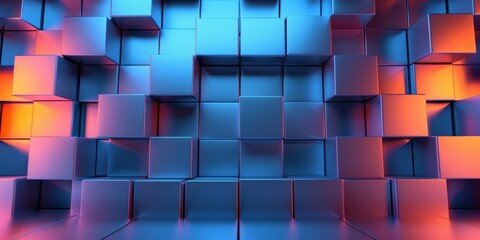 A wall of cubes in a blue and orange color scheme - stock background. - obrazy, fototapety, plakaty